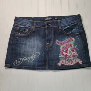 Ed Hardy by Christian Audigi Womens 30 Denim Mini Skirt Tattoo Beaded Jean Y2K